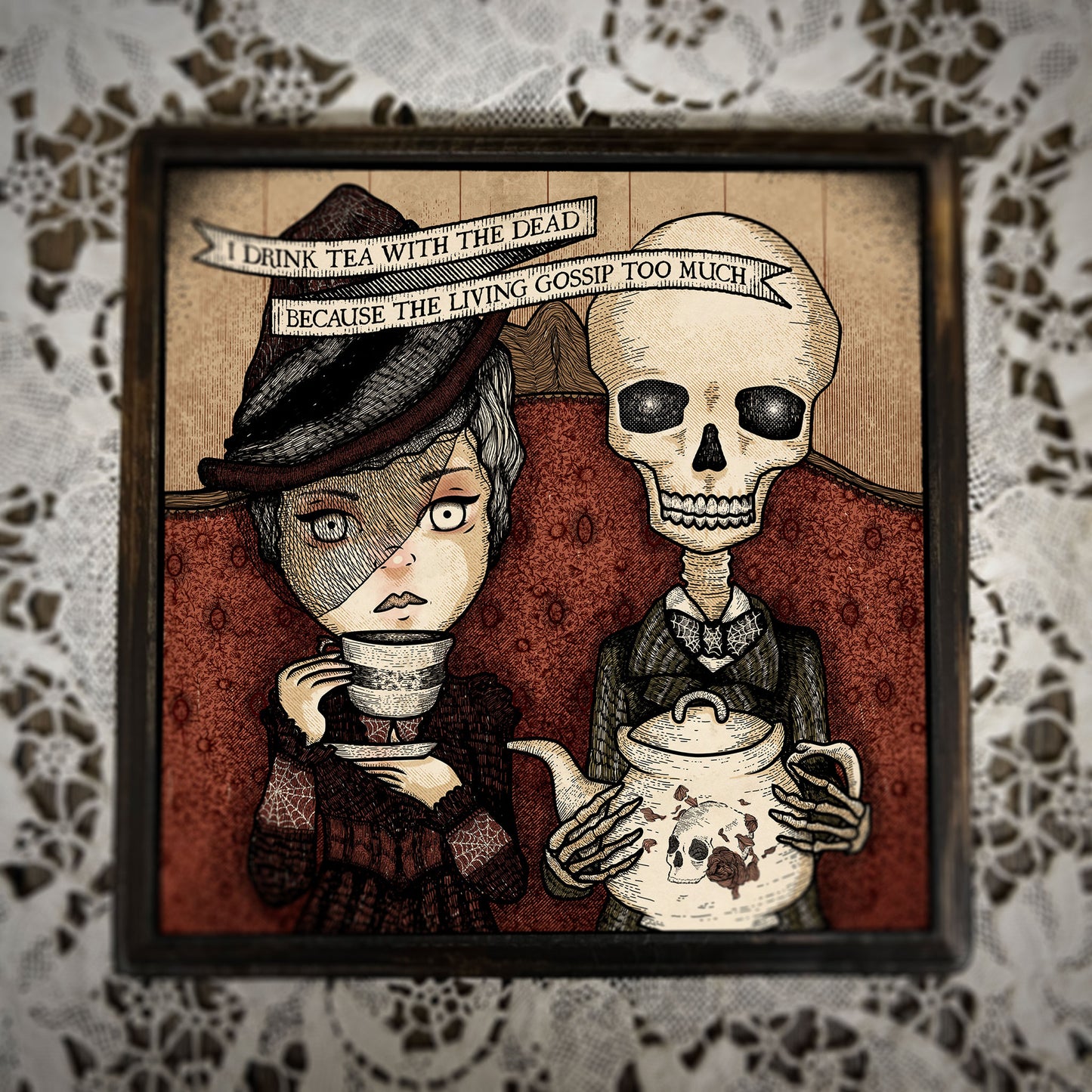 victorian skeleton with tea